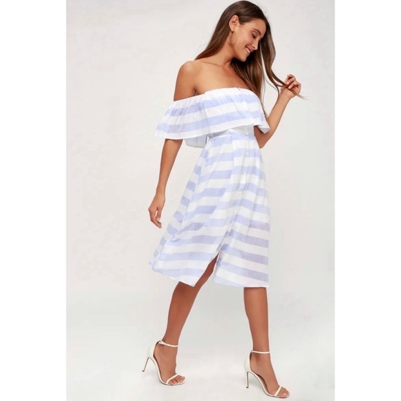 Lulus Off the Shoulder Transatlantic Voyage Blue Ivory Striped Midi Dress M - Picture 1 of 12